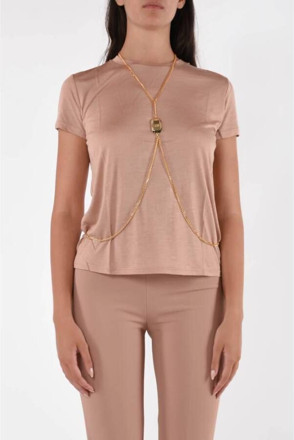 Elisabetta Franchi Modal Jersey T-Shirt met Gouden Ketting Logo Roze Dames