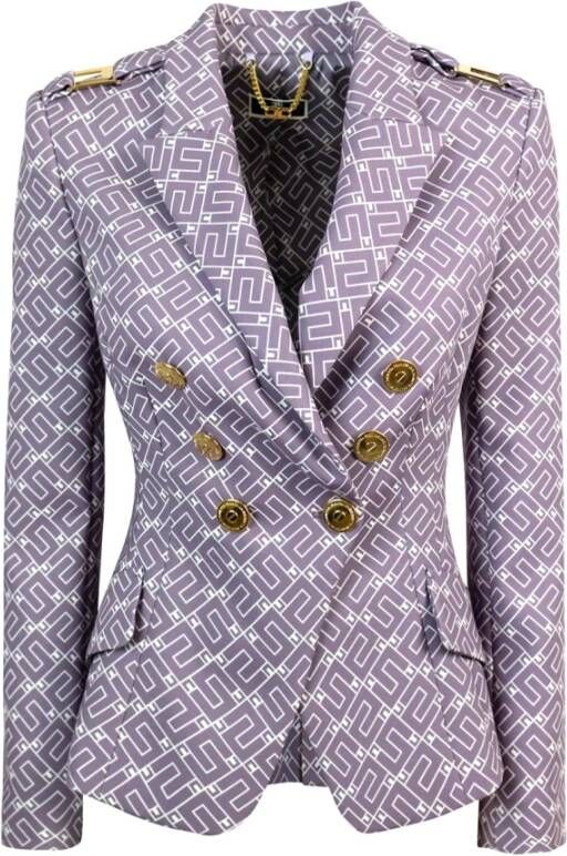 Elisabetta Franchi Double-breasted crepe stretch jasje met all-over logo Purple Dames