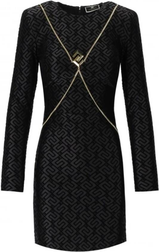 Elisabetta Franchi Zwarte jurk met logo patroon en gouden ketting accessoire Zwart Dames