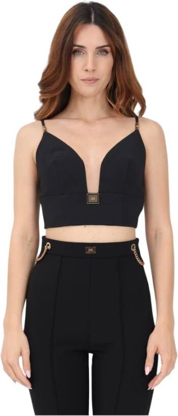 Elisabetta Franchi Geëmbosseerde Bustier met Gouden Logo Black Dames