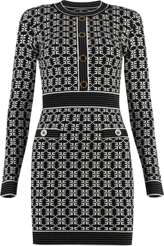 Elisabetta Franchi Logo Jacquard Piqué Minijurk met Gestructureerde Schouders Black Dames