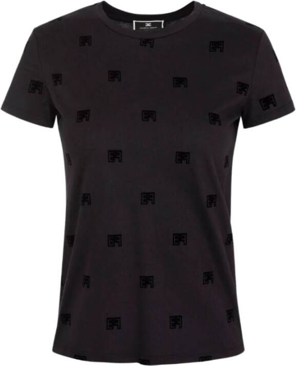 Elisabetta Franchi Uniek en Betoverend T-Shirt met Flock Logo Print Black Dames