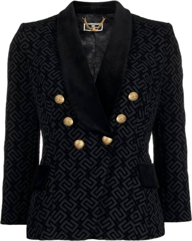 Elisabetta Franchi Zwarte double-breasted blazer met crêpe textuur en goudkleurige geëtste knopen Zwart Dames