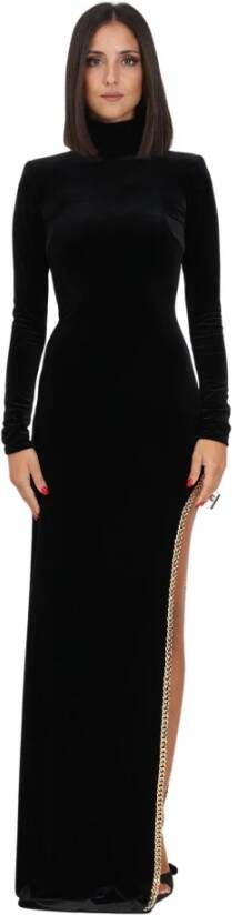 Elisabetta Franchi Zwarte fluwelen lange jurk met hoge hals en lange handschoenmouwen Zwart Dames