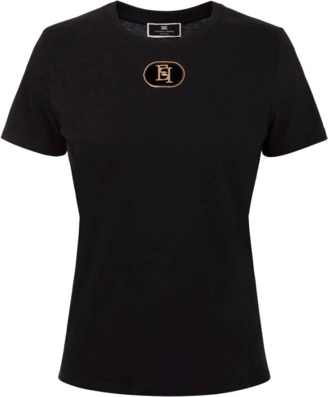 Elisabetta Franchi Zwarte katoenen T-shirt met geborduurd fluwelen patrijspoort Zwart Dames