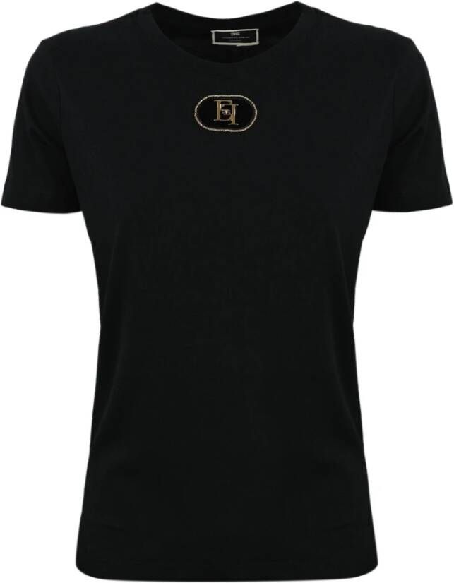Elisabetta Franchi Zwarte katoenen T-shirt met metalen applicatie en fluwelen detail Zwart Dames