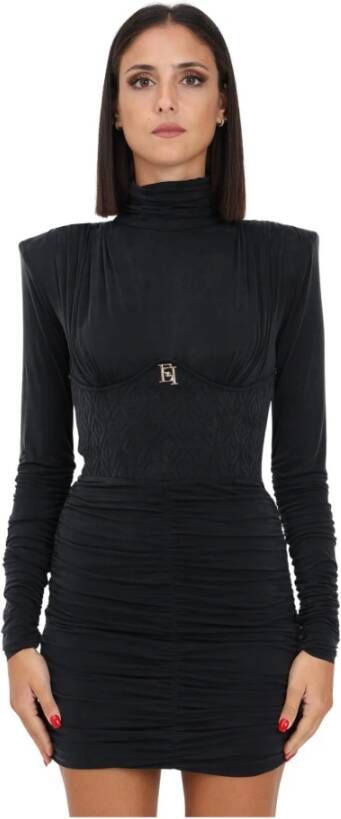 Elisabetta Franchi Elegante Zwarte Jersey Jurk met Geborduurde Diamanten Zwart Dames