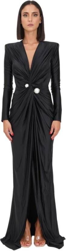 Elisabetta Franchi Zwarte lange jurk met gedrapeerde taille en pareldetail Zwart Dames