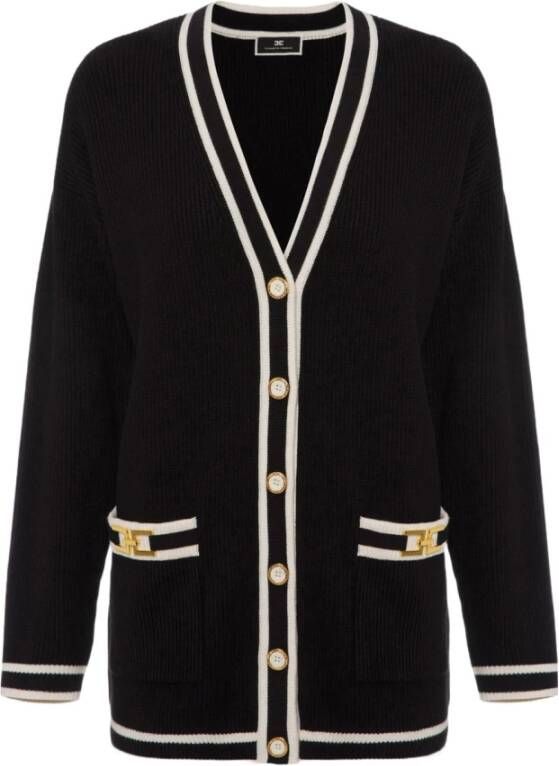 Elisabetta Franchi Zwarte Sweater Cardigan Loose Fit V-Hals Voorste Knoop 6 Knopen Gouden Logo Applicatie Zakken Zwart Dames