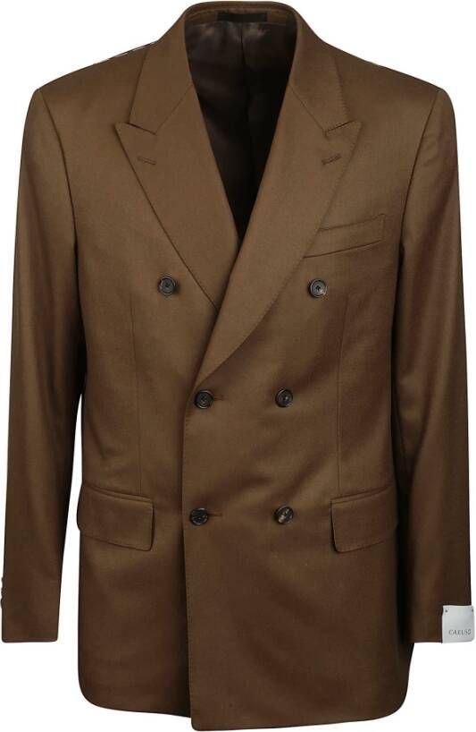 Caruso Bruine Wol Double-Breasted Peak Revers Jas Brown Heren