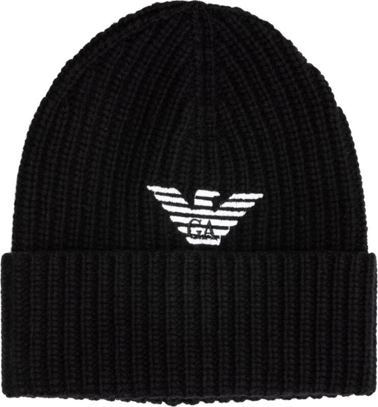 Emporio Armani Zwarte wollen muts met wit logo Black Heren