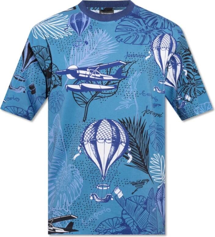 Emporio Armani Aqua Blauw Multikleur Grafisch Print T-Shirt voor Heren Blue Heren