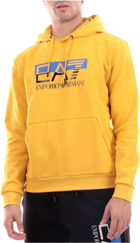 Emporio Armani EA7 Heren Sweater van Katoenmix met Contrasterend Logo en Capuchon Yellow Heren