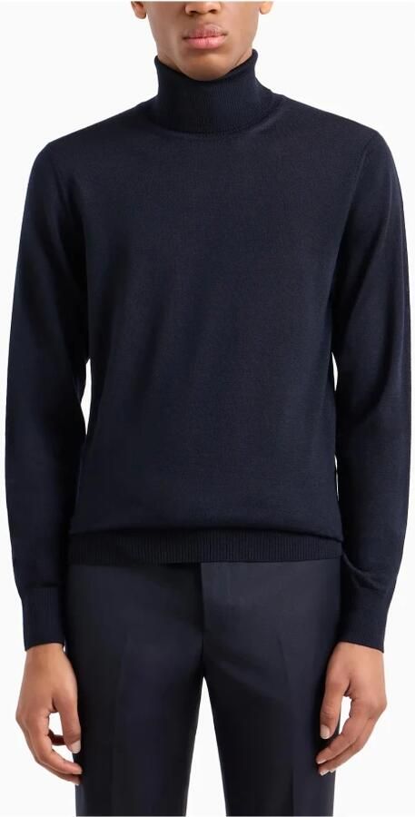 Emporio Armani Blauwe Gebreide Trui Logo Hoge Hals Lange Mouw Blue Heren