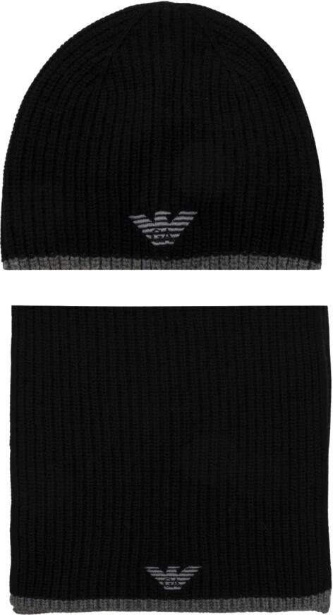 Emporio Armani Luxe Zwart Grijs Beanie+Scarf Set met Logo Black Heren - Foto 10