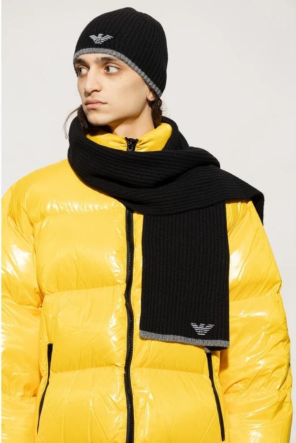 Emporio Armani Luxe Zwart Grijs Beanie+Scarf Set met Logo Black Heren - Foto 8