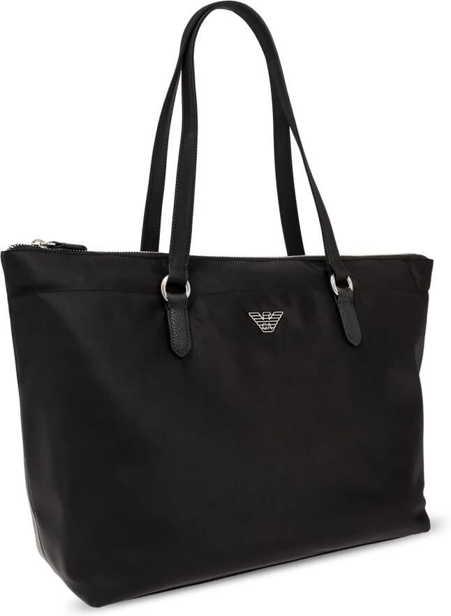 Emporio Armani Zwarte Nylon Adelaar Plaque Rits Tas Black Dames