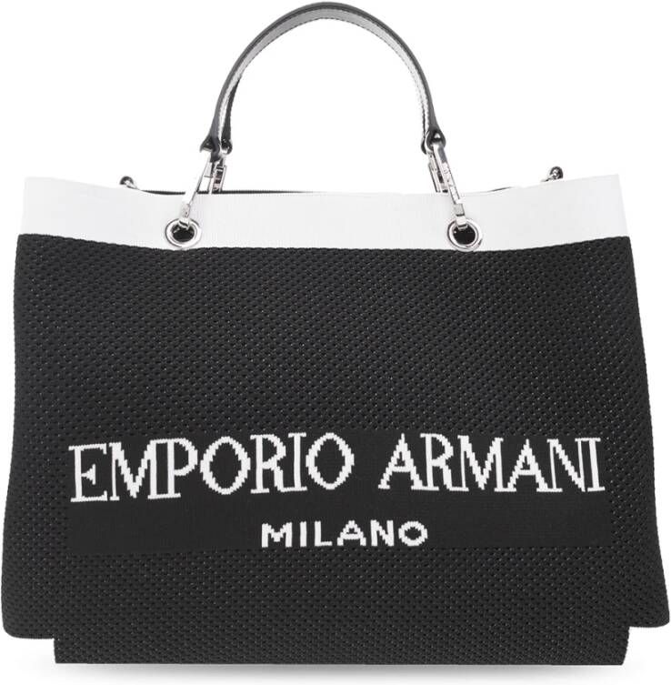 Emporio Armani Logo-Intarsia Tote Bag Zwart Wit Gebreide Handtas Black Dames