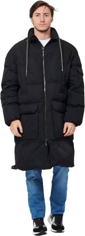 Emporio Armani EA7 Zwarte gewatteerde knielange jas met verstelbare zijritsen Black Heren