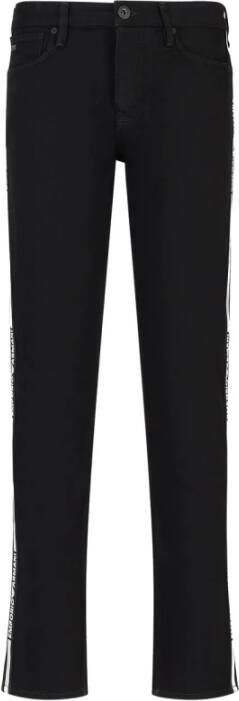 Emporio Armani Slim Fit Denim Jeans met Zijbanden en Logo Belettering Black Heren