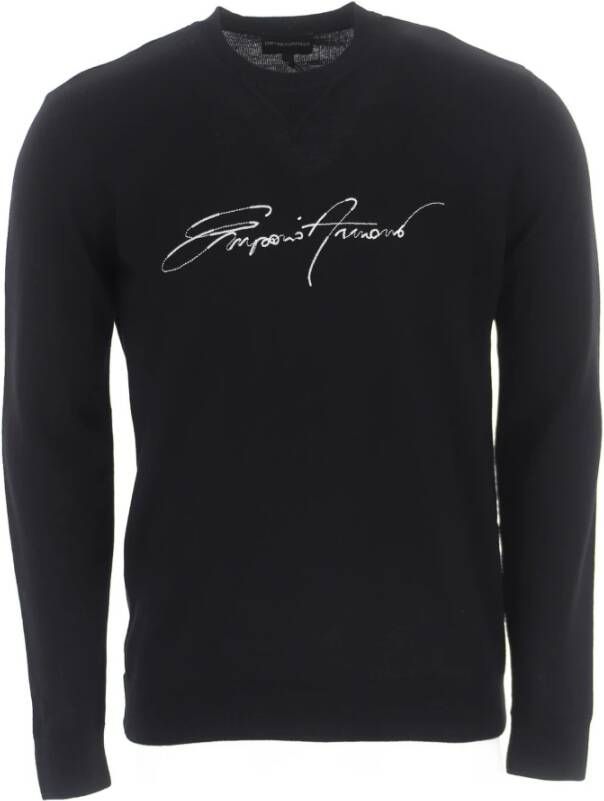 Emporio Armani Zwarte trui van zuivere wol met logo borduursel Black Heren