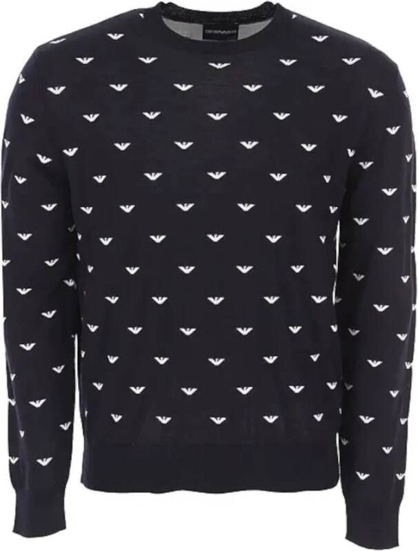 Emporio Armani Blauwe Virgin Wool Eagle Jacquard Sweater S Black Heren