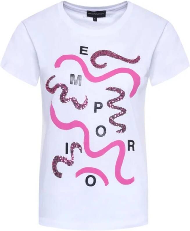 Emporio Armani Witte T-shirt met Korte Mouwen Fuchsia Print en Pailletten White Dames