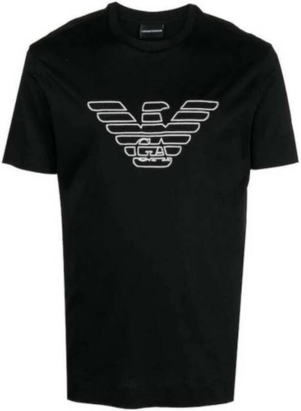 Emporio Armani Korte mouw Jersey Tencel T-shirt met geborduurd adelaarslogo Black Heren
