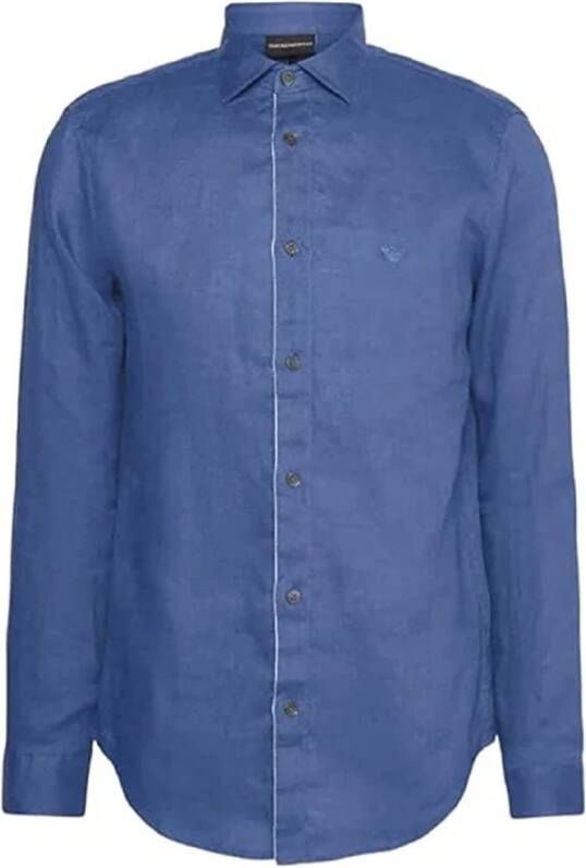 Emporio Armani Blauw Linnen Overhemd met Contrastlogo Blue Heren