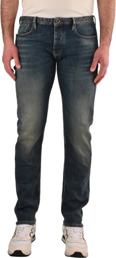 Emporio Armani Slim Fit Denim Jeans met Leren Logo Detail Gray Heren