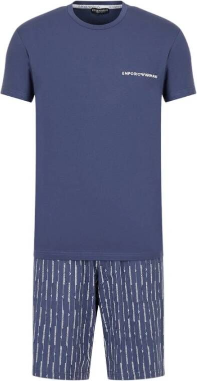 Emporio Armani Luxe Katoenen Jersey Kort Pyjamaset Blue Heren