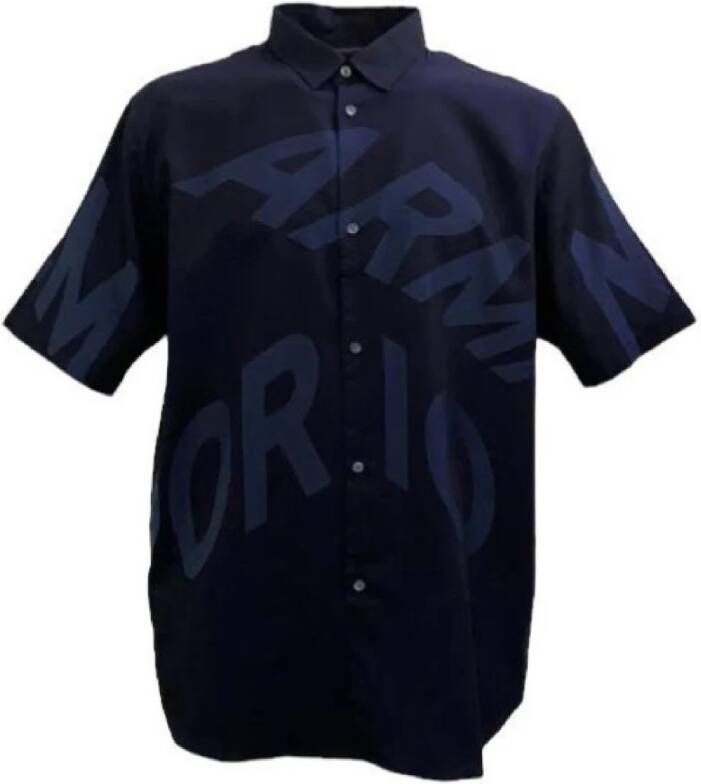Emporio Armani Heren Overhemd met Korte Mouwen en Maxi Logo Blue Heren