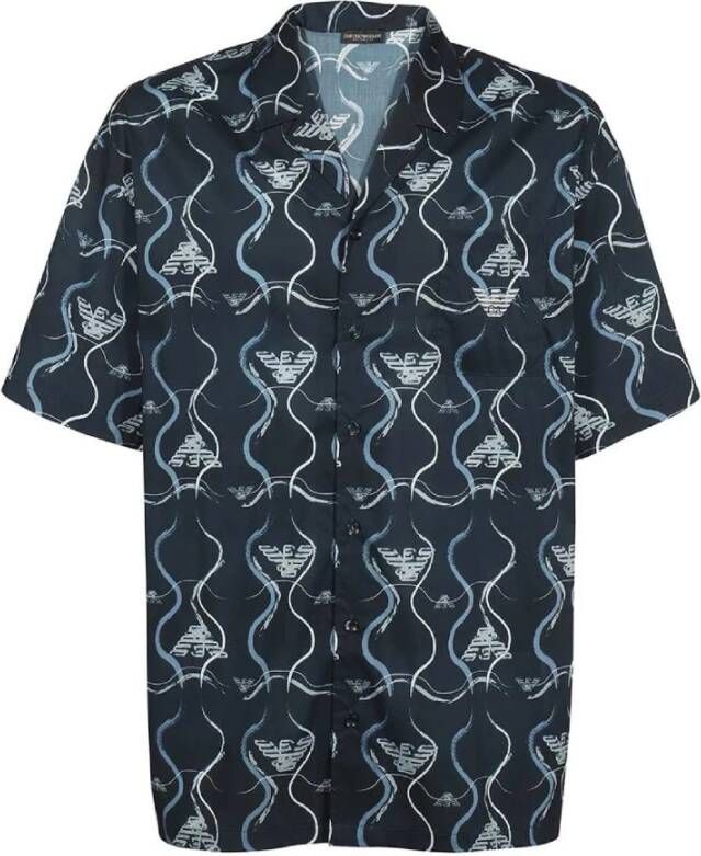 Emporio Armani Kortblauw overhemd met korte mouwen en geborduurd adelaarslogo en all-over print Blue Heren