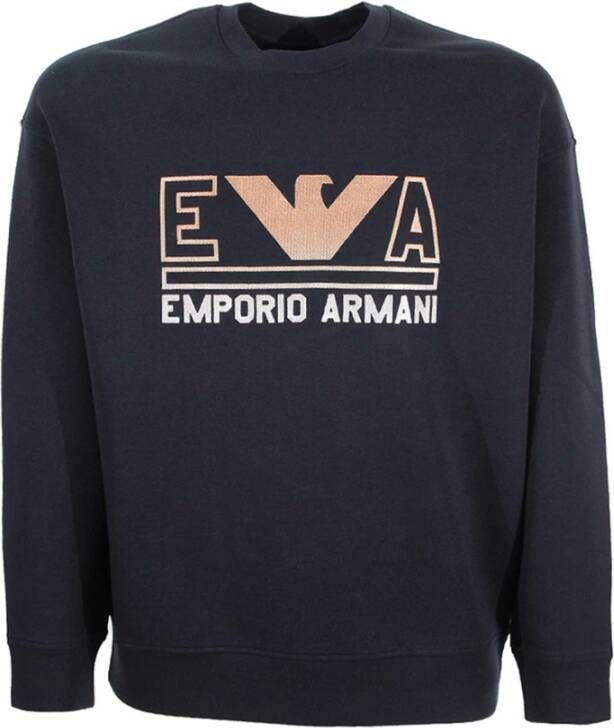 Emporio Armani Marineblauwe Dubbel Jersey Sweatshirt met Maxi Logo Belettering en Oranje Adelaar Logo Black Heren