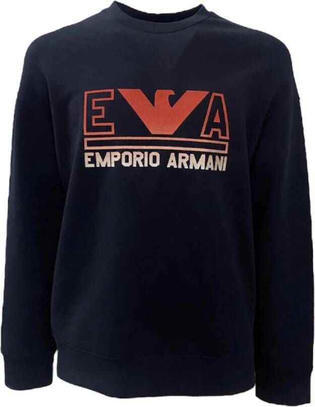 Emporio Armani Navyblauwe Dubbel Jersey Sweatshirt met Maxi Logo Belettering en Rood Oranje Adelaarslogo Blue Heren