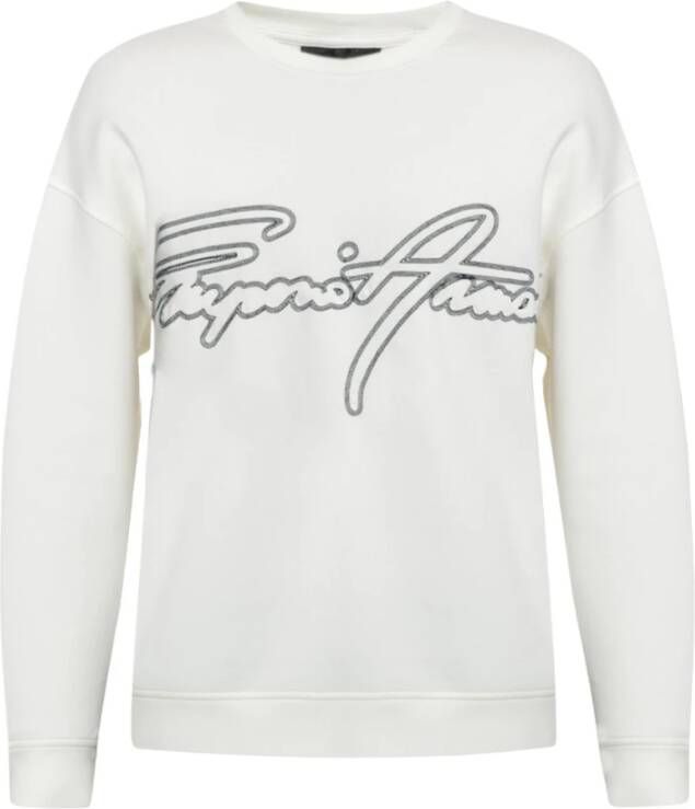 Emporio Armani Logo Sweatshirt Crèmekleurige Crewneck Katoen Czarny Borduursel Beige Heren