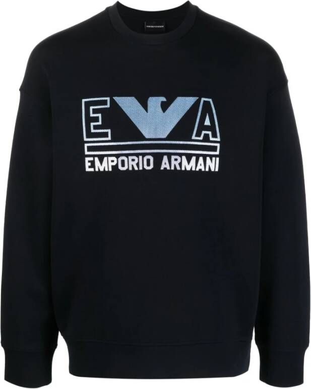 Emporio Armani Marineblauwe Dubbel Jersey Sweatshirt met Maxi Logo Belettering en Aquila Azzurro Logo Black Heren