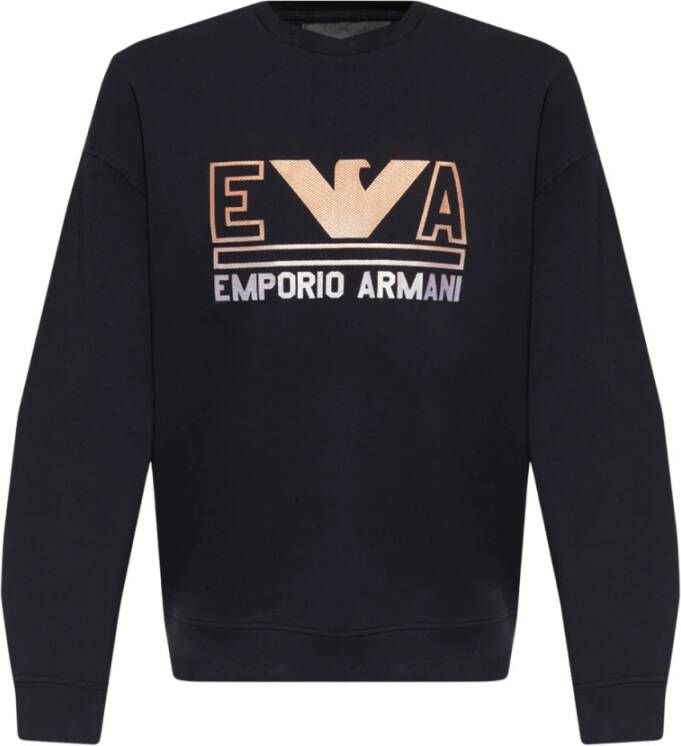 Emporio Armani Marineblauwe Dubbel Jersey Sweatshirt met Maxi Logo Belettering en Oranje Adelaar Logo Black Heren
