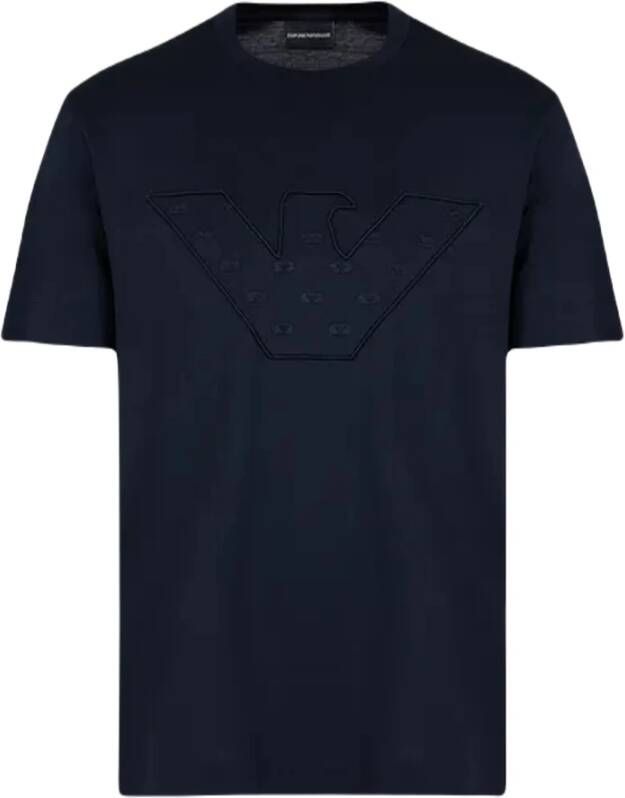 Emporio Armani Blauwe Lyocell Blend Jersey T-shirt met Maxi Adelaar Borduurwerk Blauw Heren