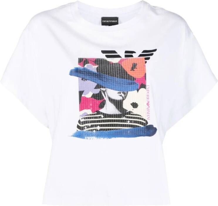 Emporio Armani Katoenen T-shirt met Grafische Print en Pailletten White Dames