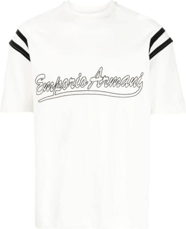 Emporio Armani Witte T-shirts en Polos met Contrasterende Jacquard Inzetstukken White Heren