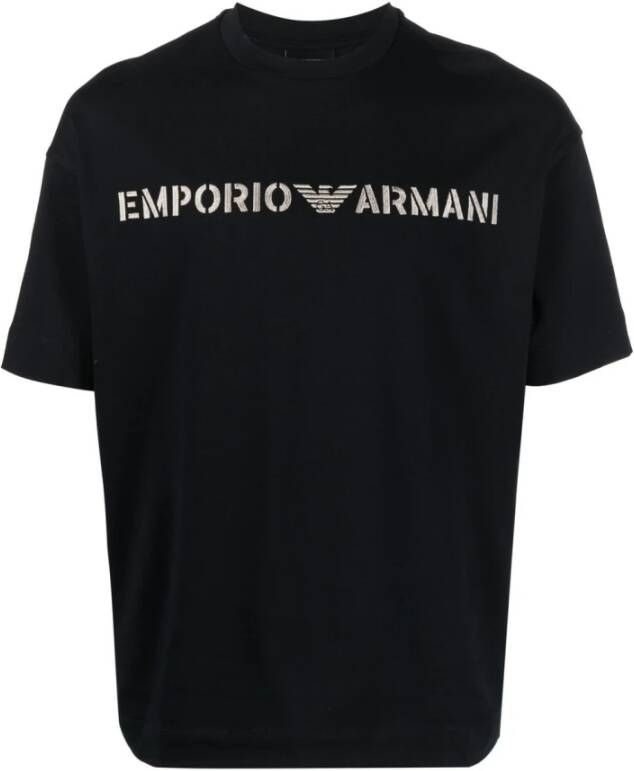 Emporio Armani Korte Mouw Navy Blauw Katoenen Jersey T-Shirt met Geborduurd Logo Blue Heren