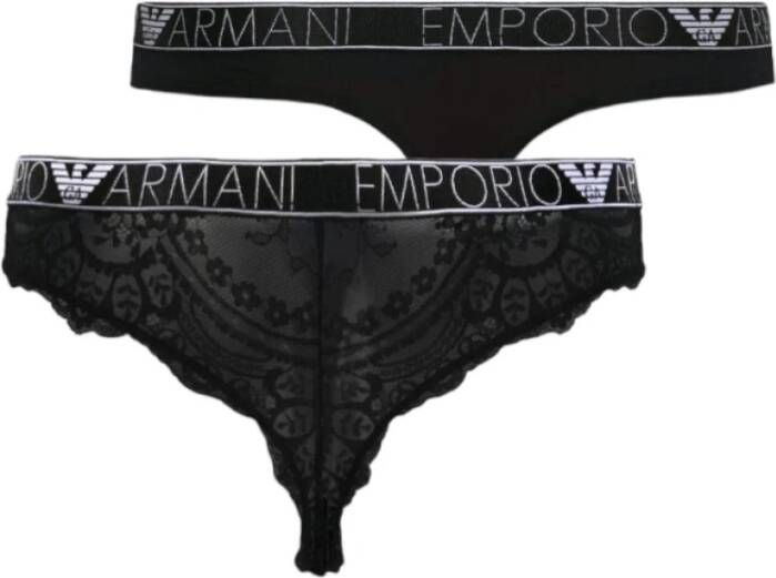 Emporio Armani 2-Pack Katoenen Strings met Elastische Logoband en Kantdetails Black Dames
