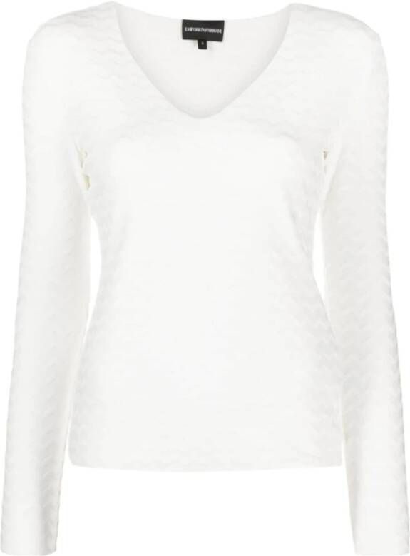 Emporio Armani Witte Logo Jacquard V-Hals Trui White Dames