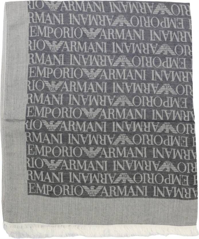 Emporio Armani Sjaal met Monogram Grijs Blauw Marineblauw Ruwe Randen Gray Heren