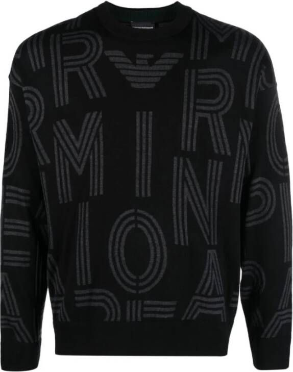 Emporio Armani Zwarte Sweaters met Jacquard Logo Motief Zwart Heren