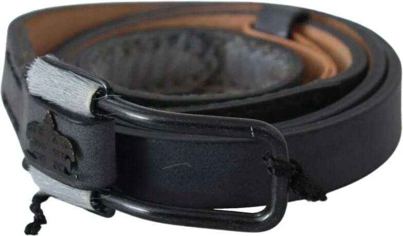 Ermanno Scervino Black Leather Fringes Logo Buckle Belt Zwart Unisex