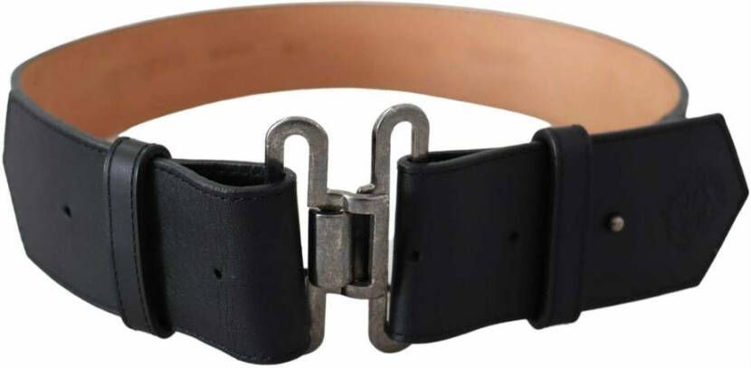 Ermanno Scervino Black Leather Vintage Military Buckle Waist Belt Zwart Dames