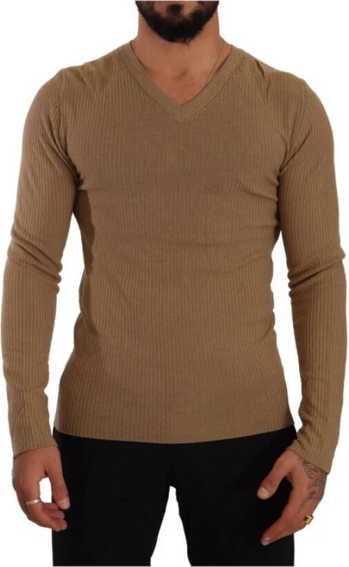 Ermanno Scervino Brown Wool Knit V-neck Men Pullover Sweater Brown Heren