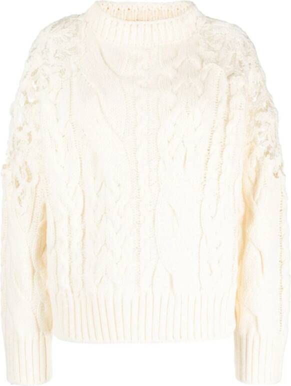 Ermanno Scervino Witte Trui met Kant en Kabelpatroon Beige Dames
